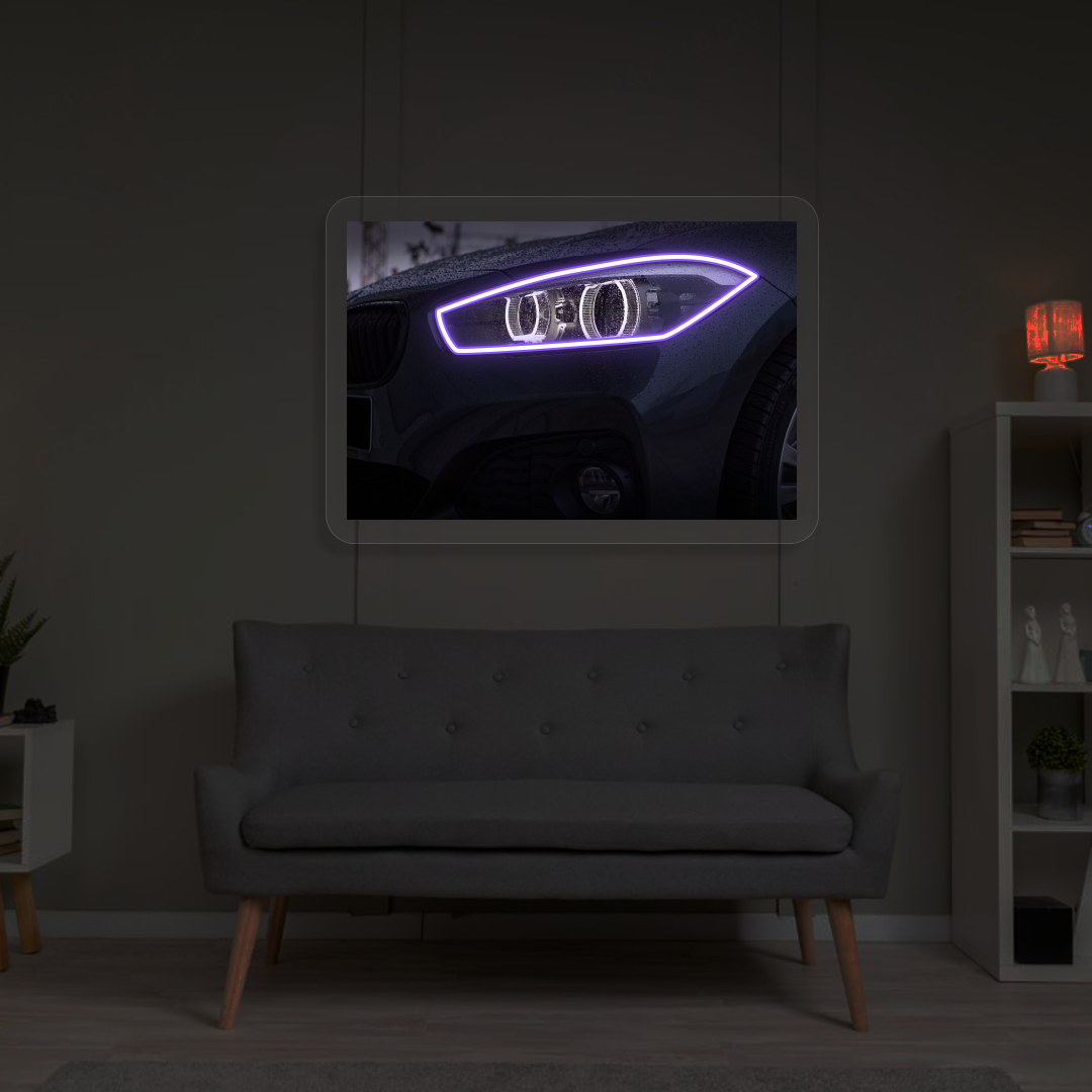 Black BMW Headlight Neon Artwork | Purple