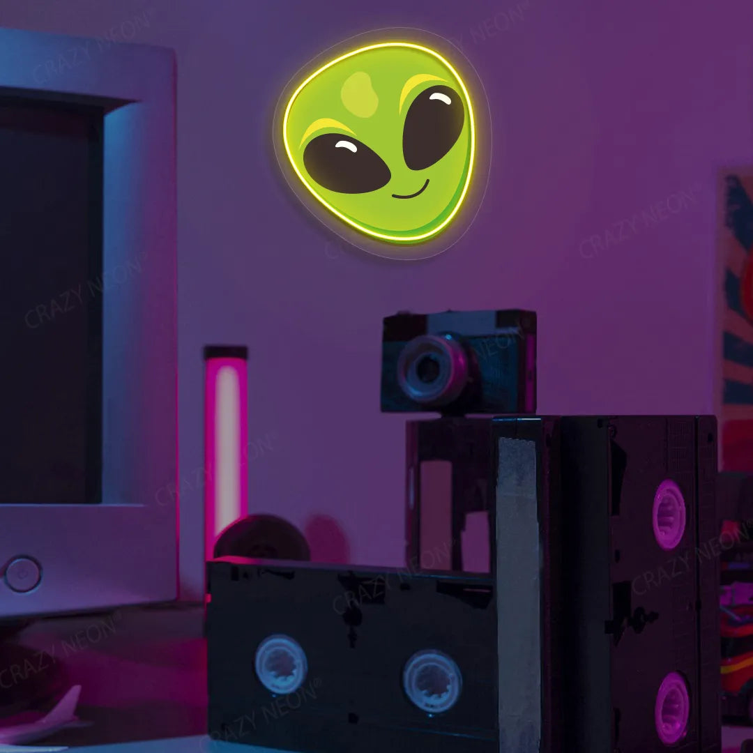 Alien Smiley Face Emoji Neon Artwork | Yellow