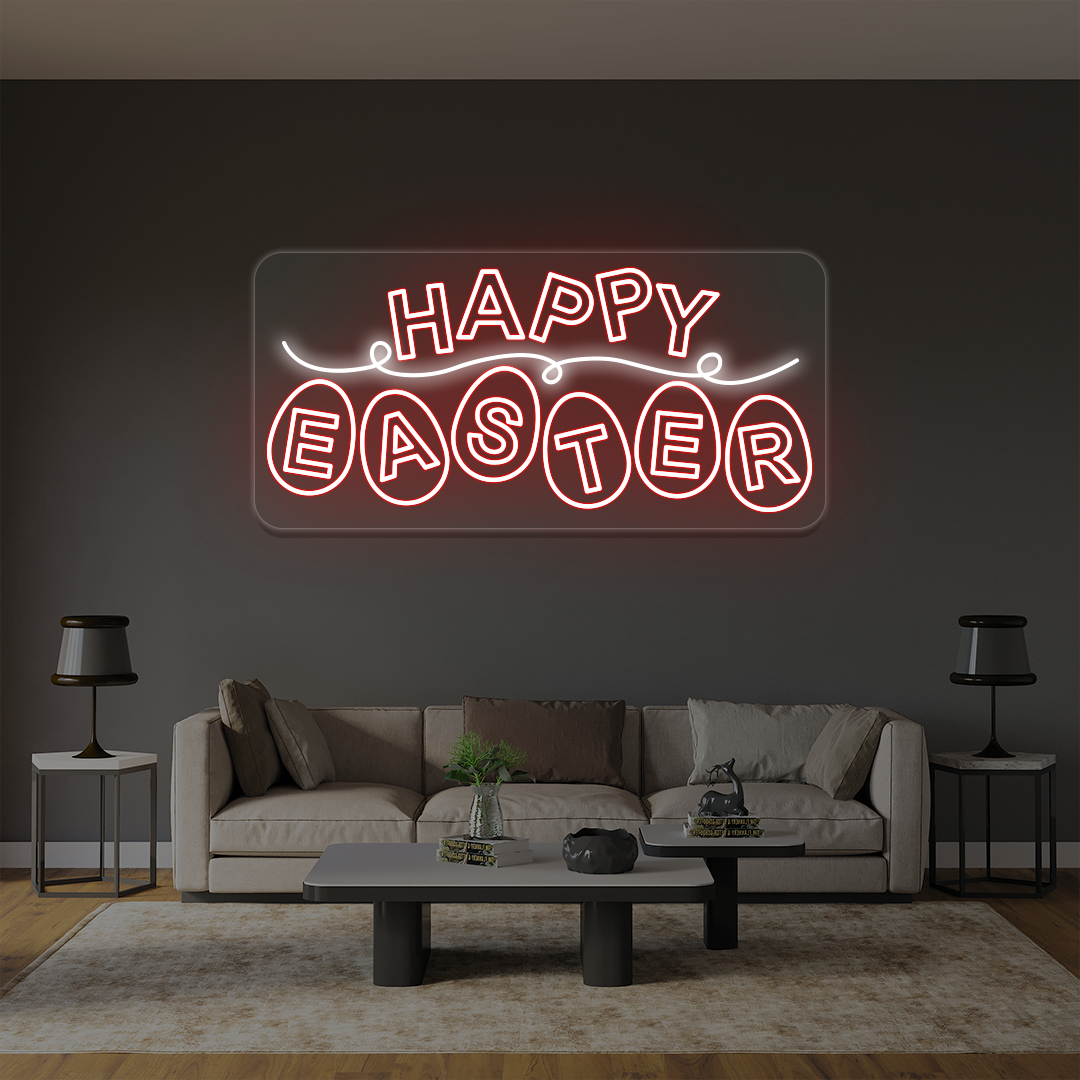 Happy Easter neon sign with eggs lettering in red