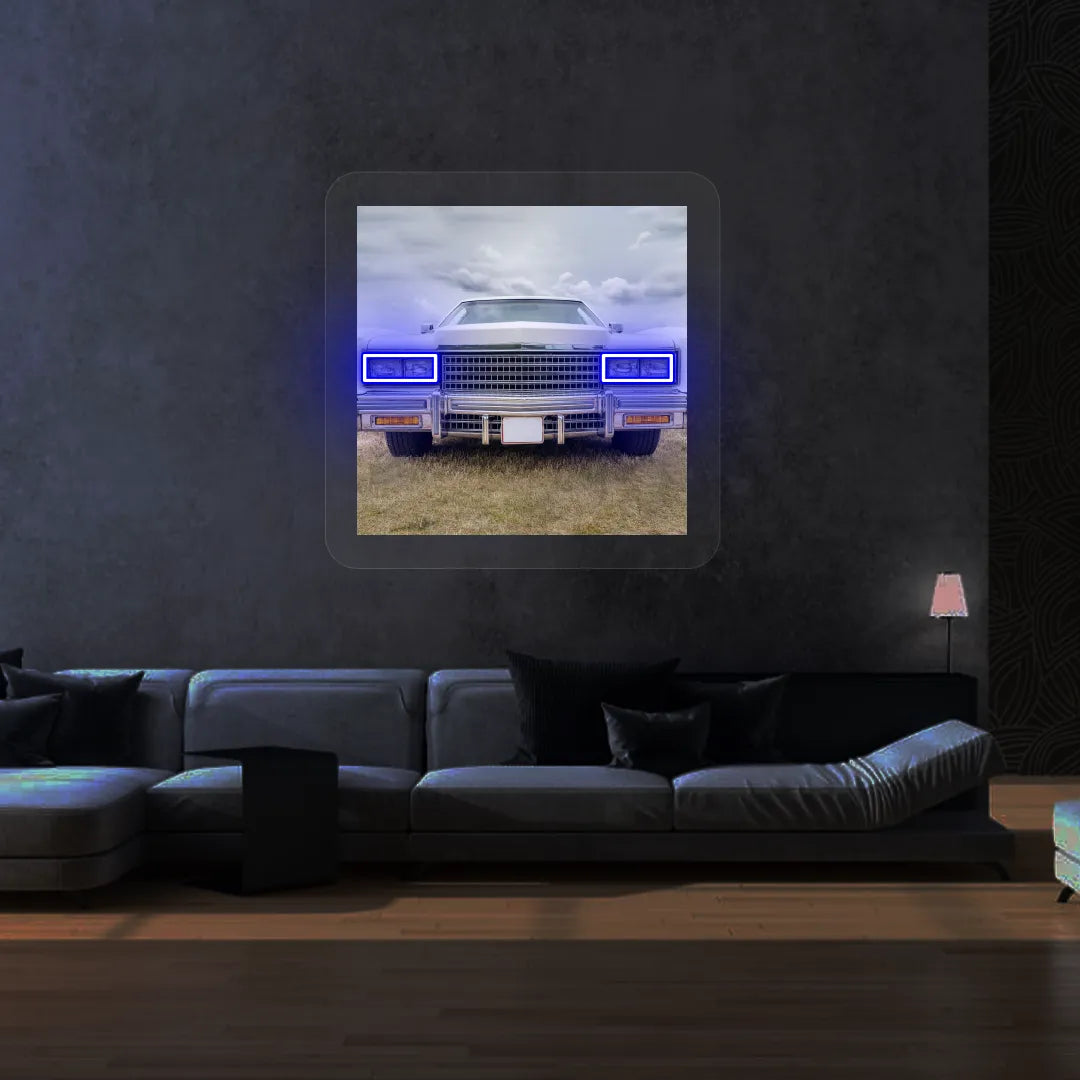 Classic American Coupe Headlight Neon Artwork | Blue