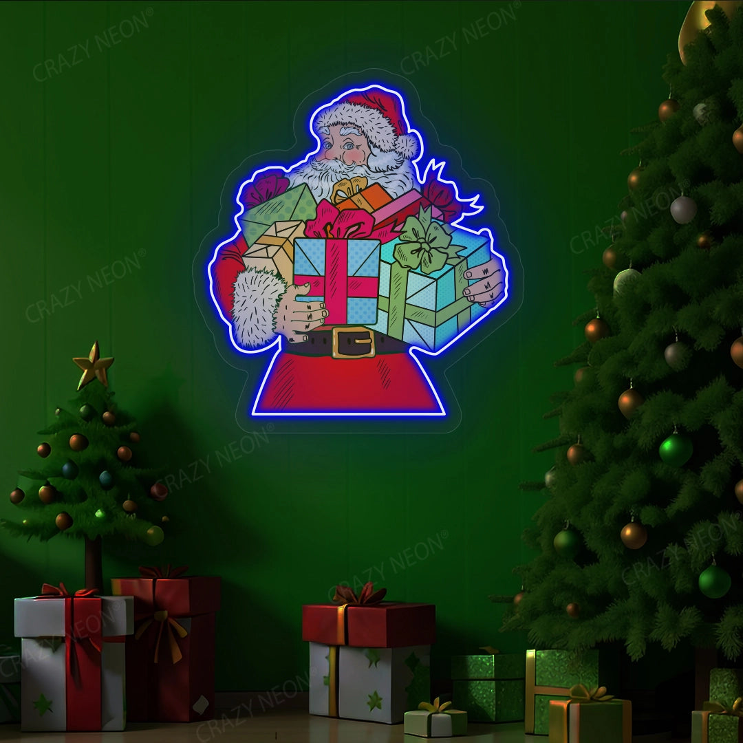 Santa Claus With Gift Neon Sign | Blue