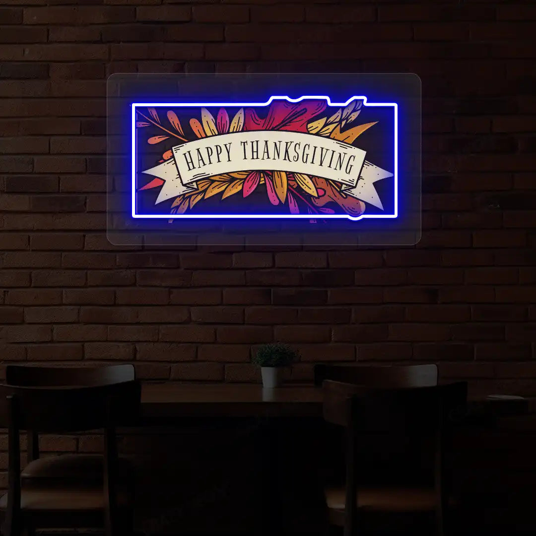 Autumn leaves happy thanksgiving neon sign in blue