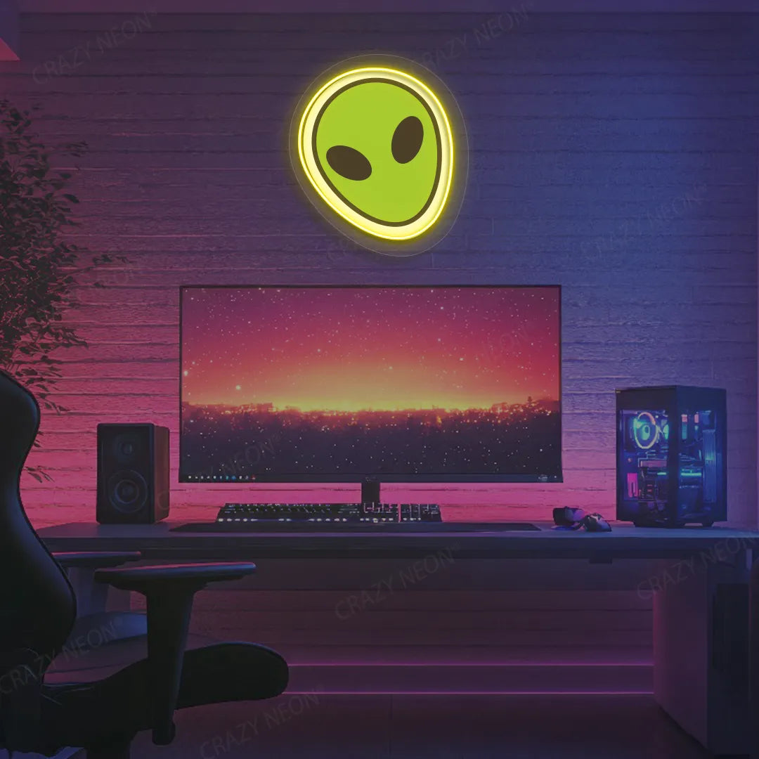 Alien Face Emoji Neon Artwork | Yellow