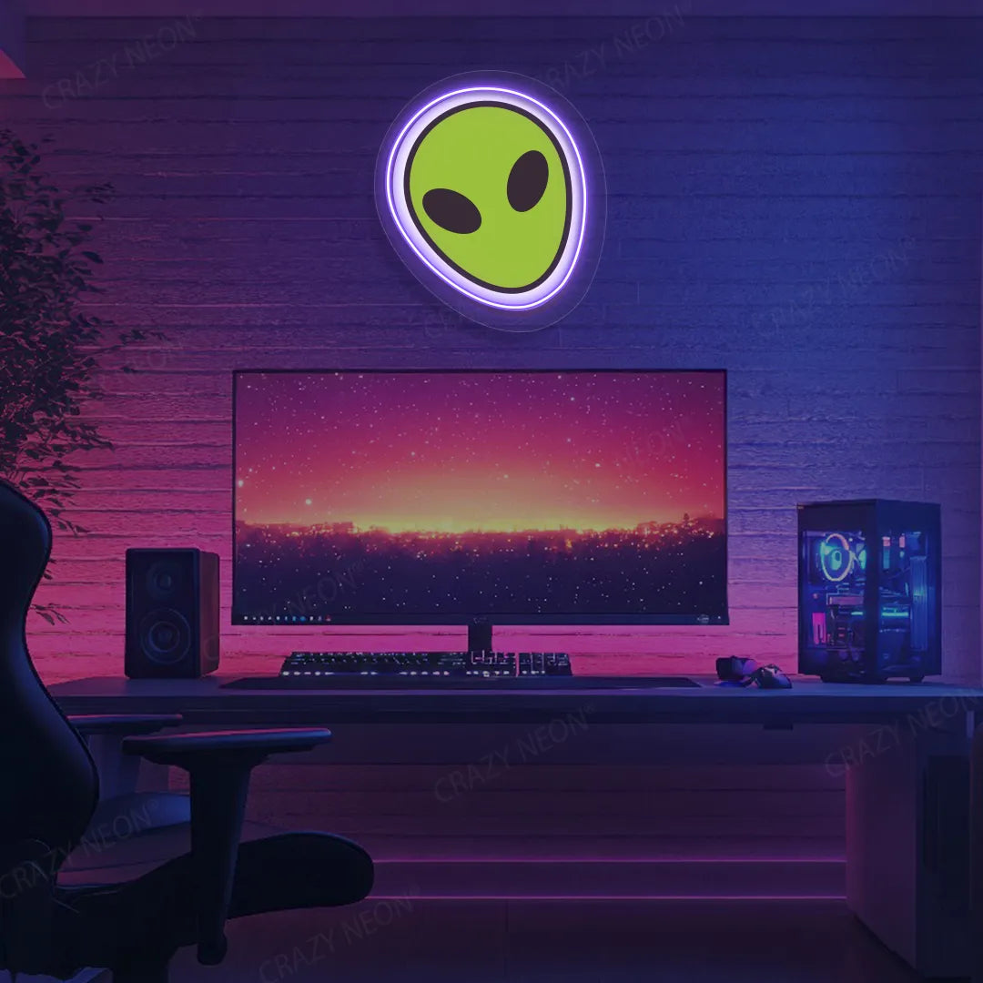 Alien Face Emoji Neon Artwork | Purple