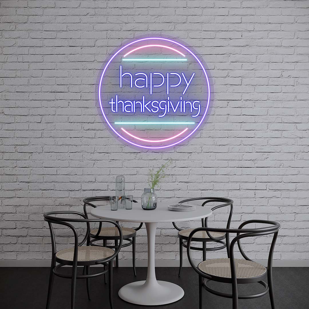 Happy Thanksgiving neon sign in purple and blue circle on white brick wall