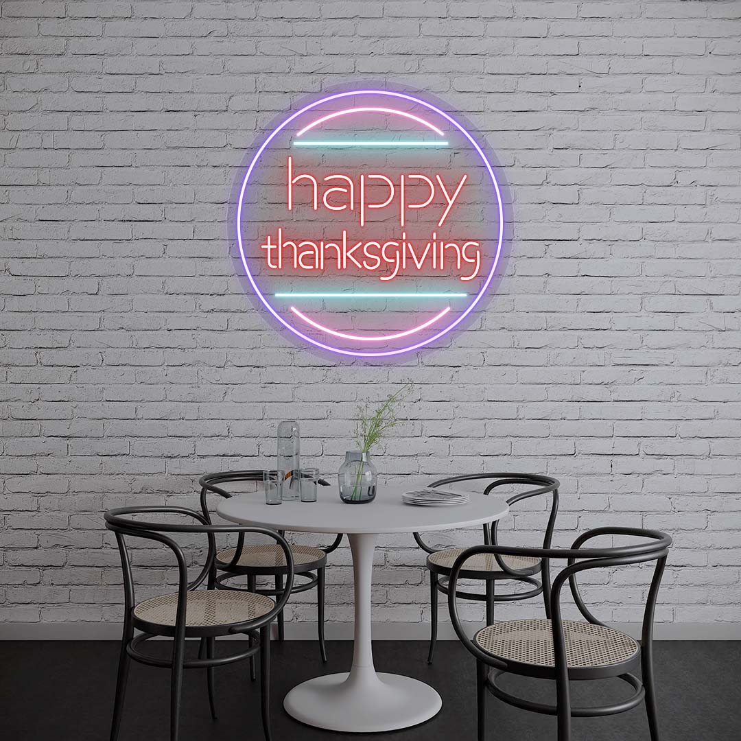 Happy Thanksgiving neon sign in purple and red circle on white brick wall