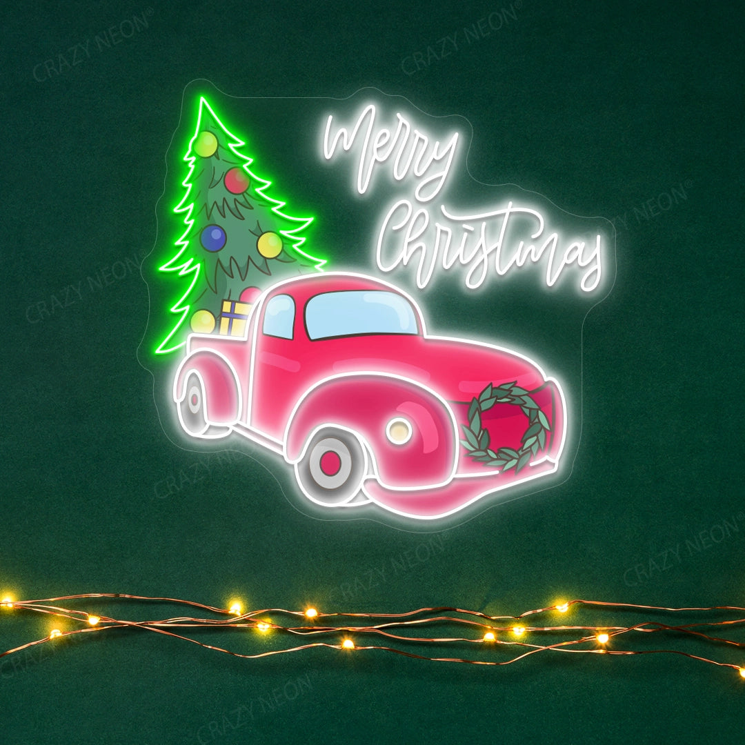 Christmas Tree Delivery Truck Neon Sign | White