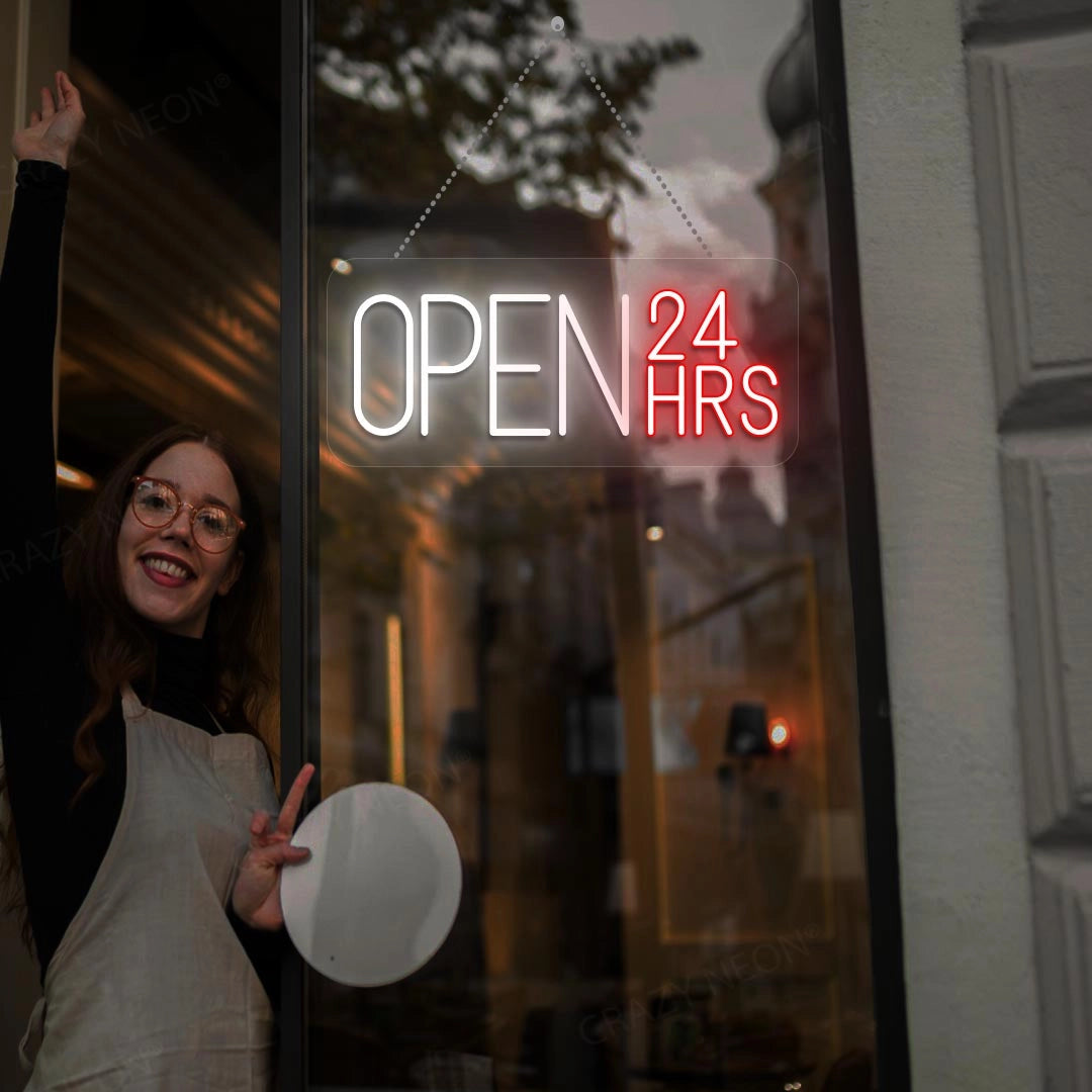24 Hours Open Sign with Clock - Multicolor | White-Red