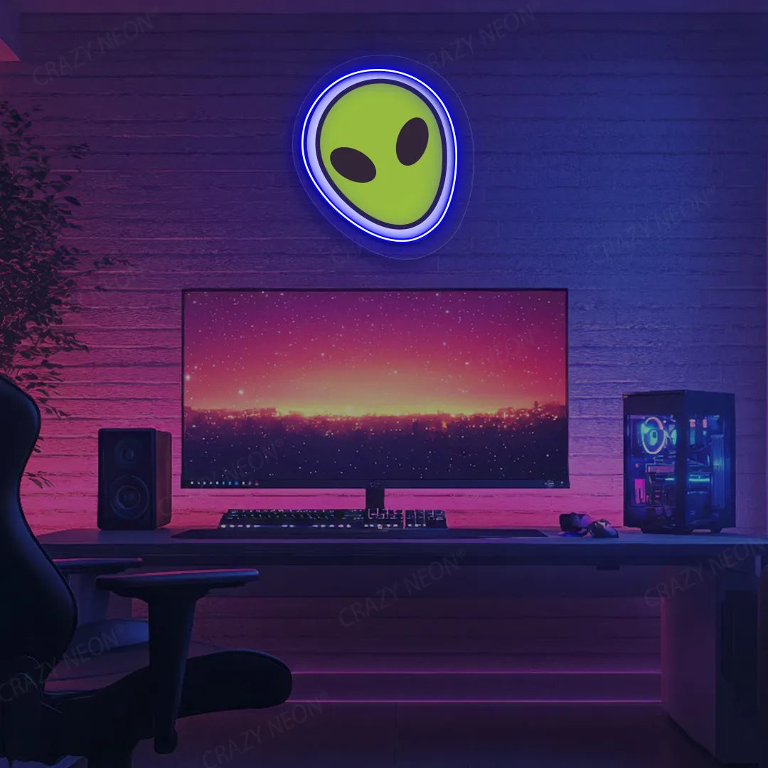 Alien Face Emoji Neon Artwork | Blue