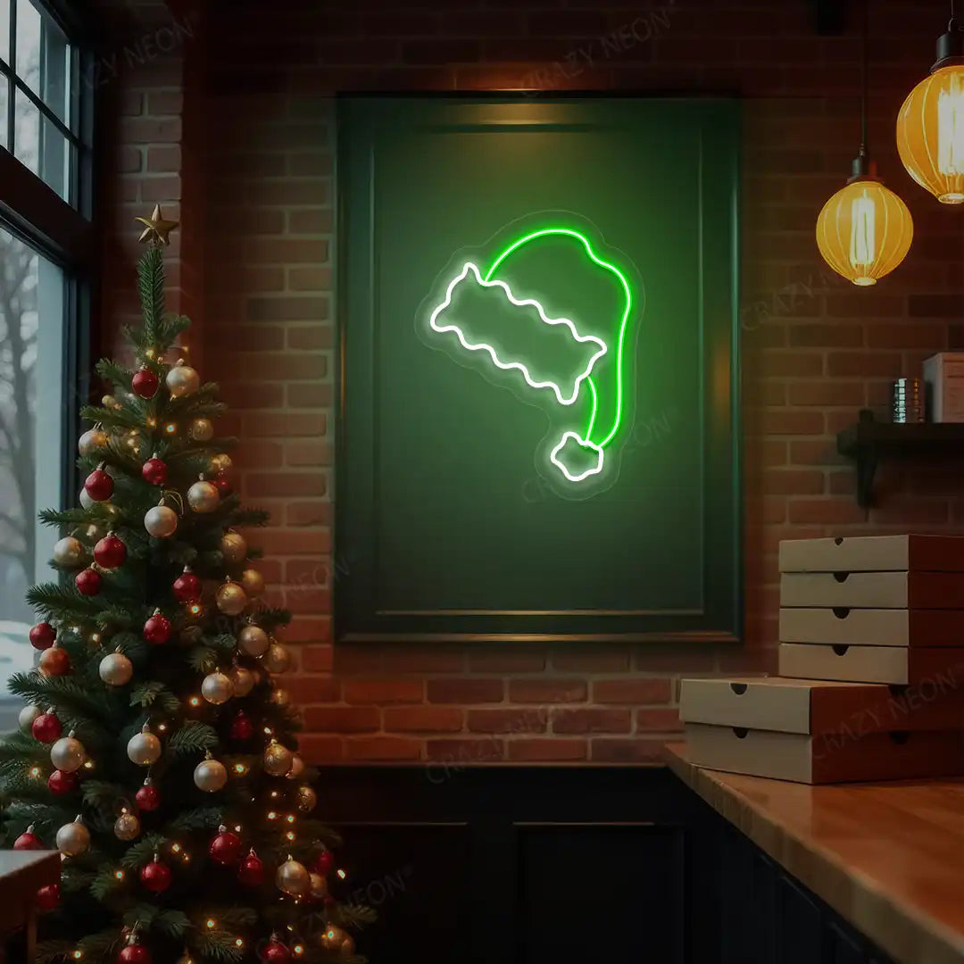 Furry Trim Santa Hat Neon Sign | Green