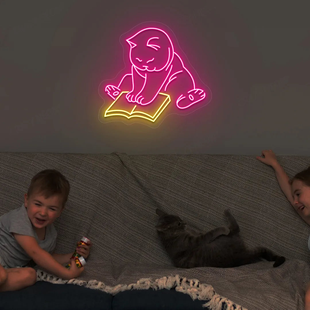Bookworm Cat Neon Sign | Yellow