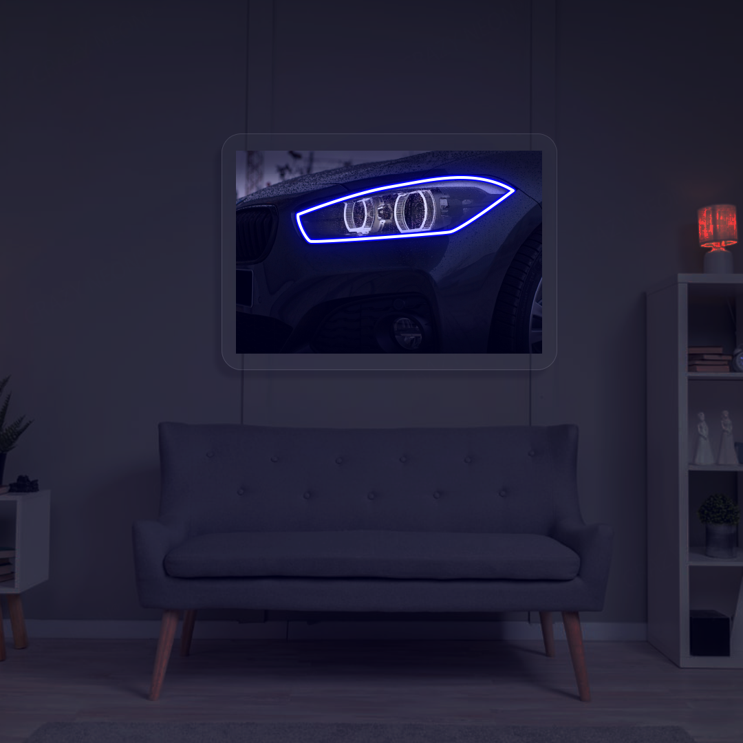 Black BMW Headlight Neon Artwork | Blue