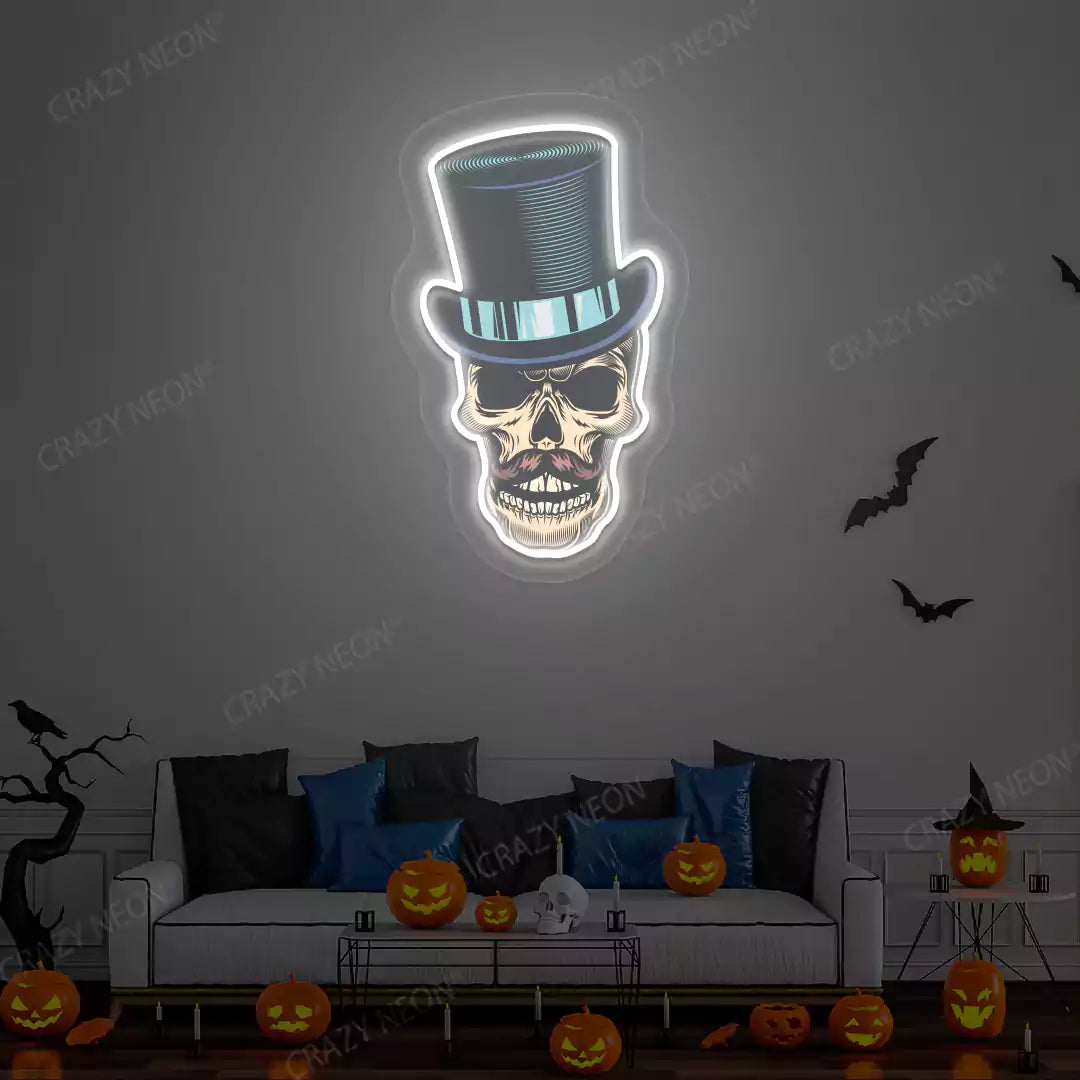 Top Hat Skull Neon Artwork | White