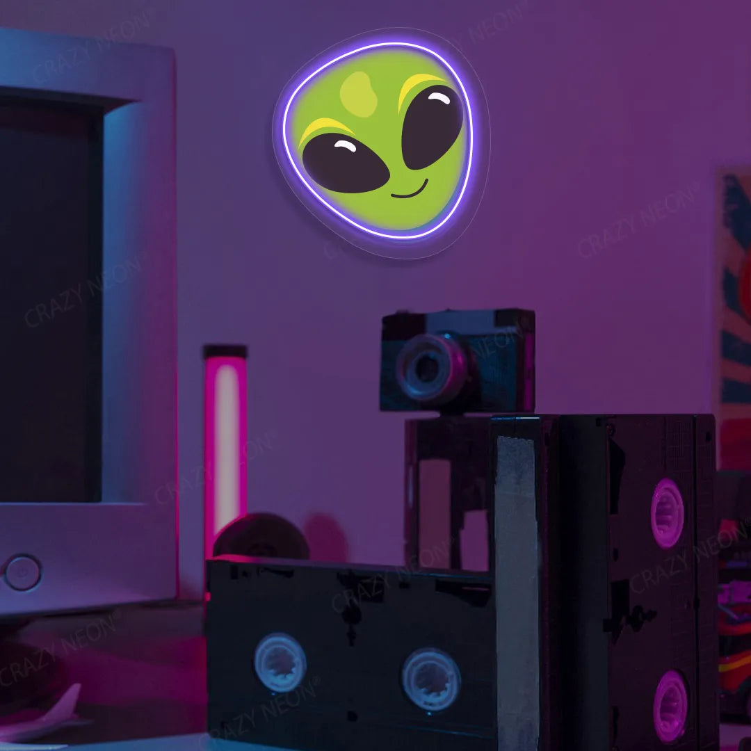 Alien Smiley Face Emoji Neon Artwork | Purple