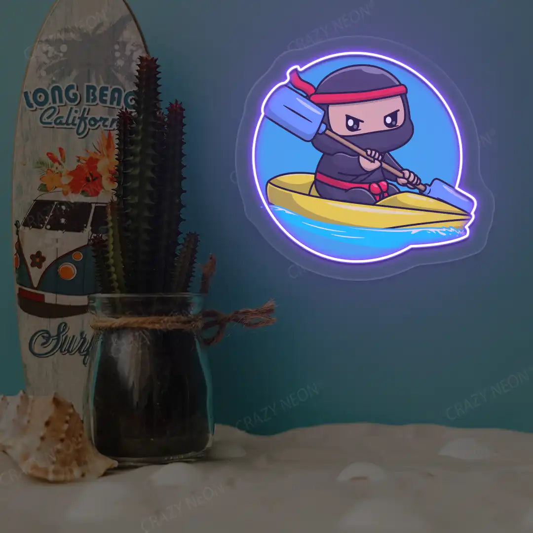 purple ninja kayaking neon artwork mounted on a wall