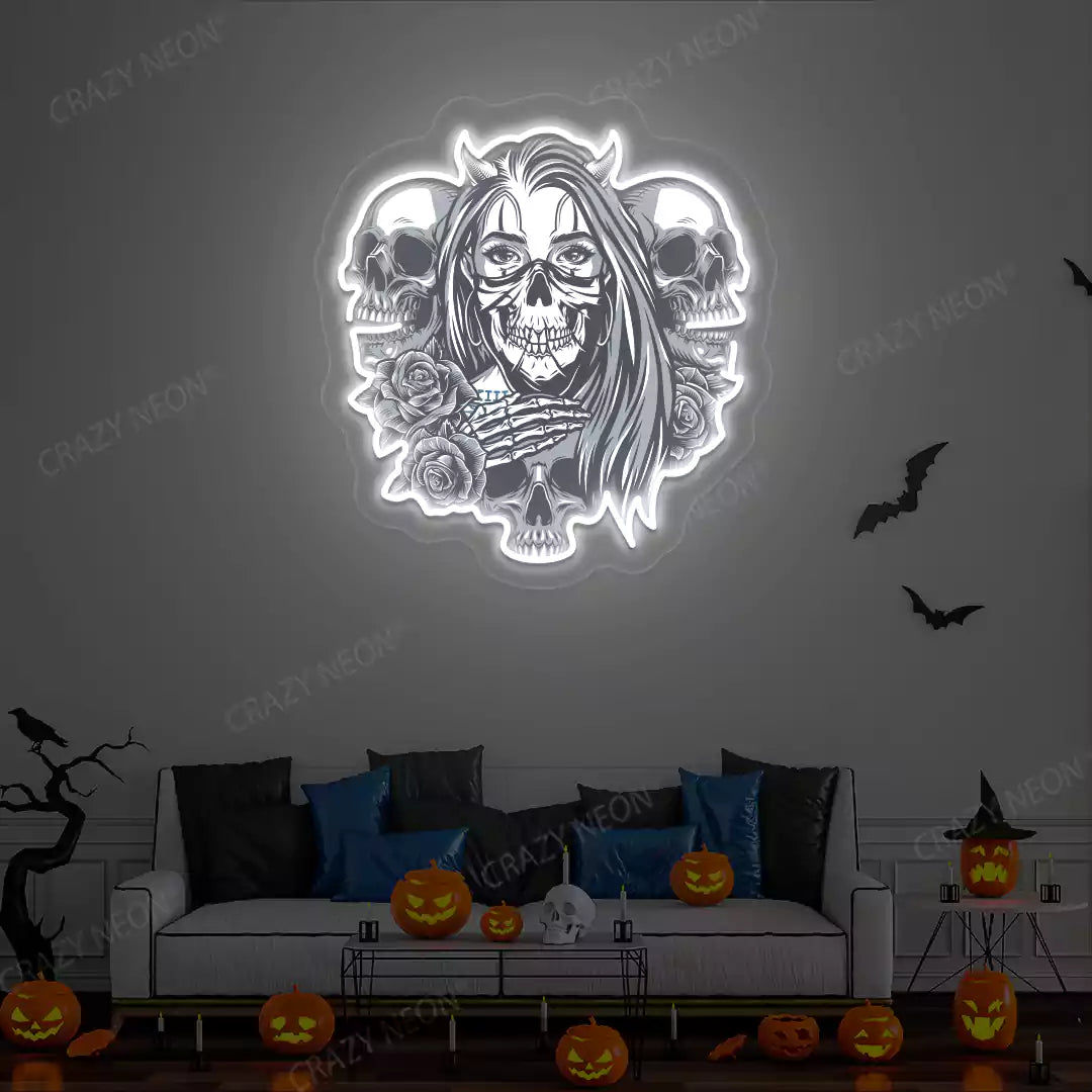 Gothic Skulls & Roses Neon Artwork | White