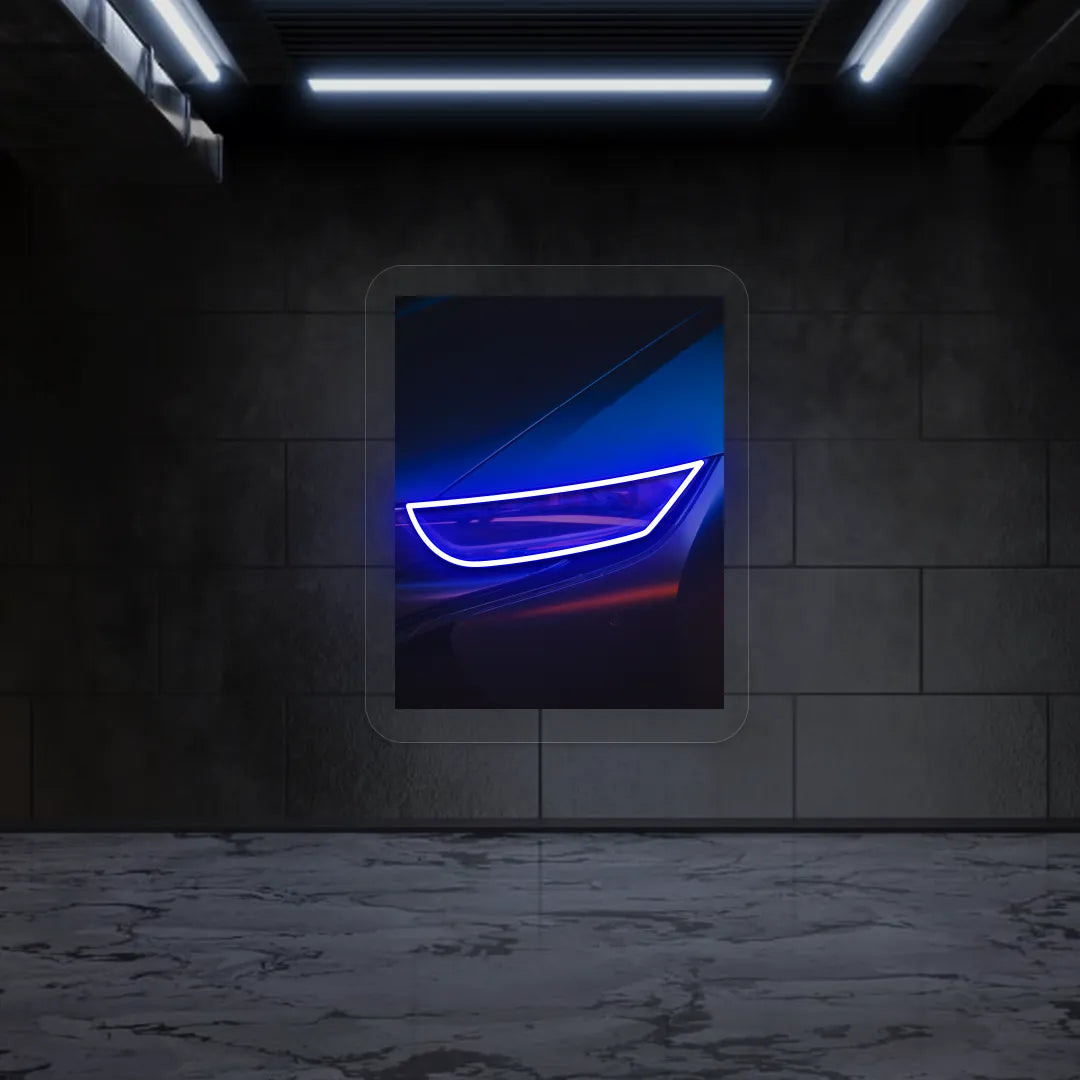 Sports Car Headlight Neon Artwork | Blue