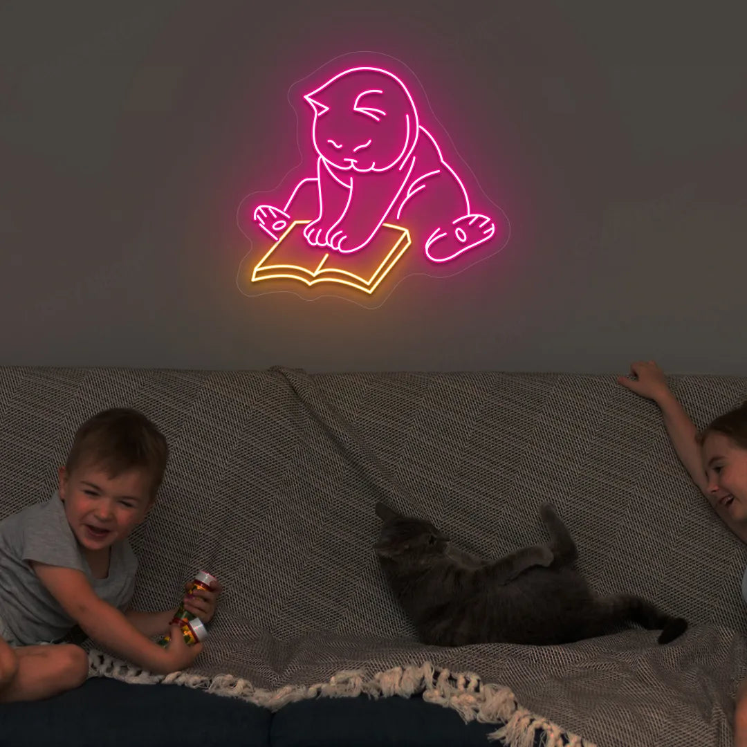 Bookworm Cat Neon Sign | Orange