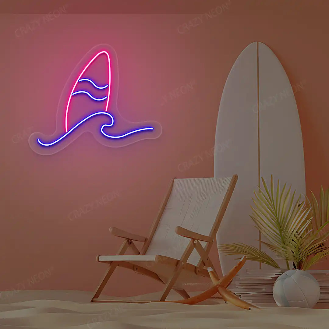 blue and pink minimal surfboard and wave neon sign mounted on a wall