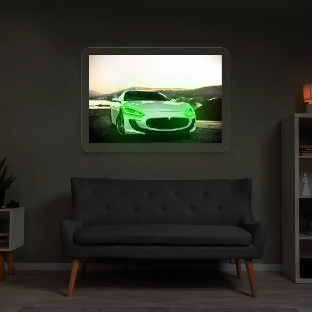 White Supercar Headlight Neon Artwork | Green