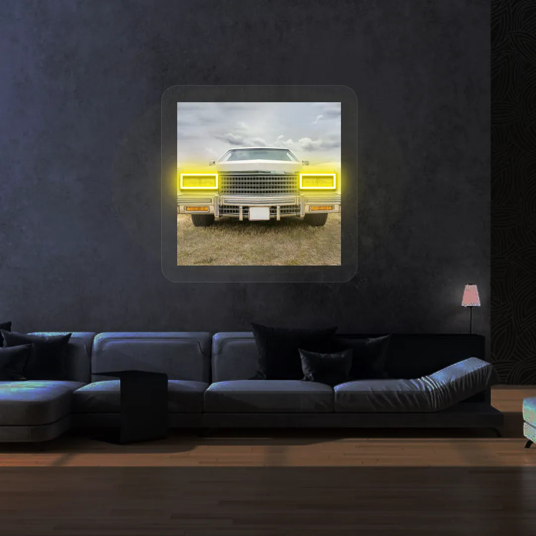 Classic American Coupe Headlight Neon Artwork | Yellow