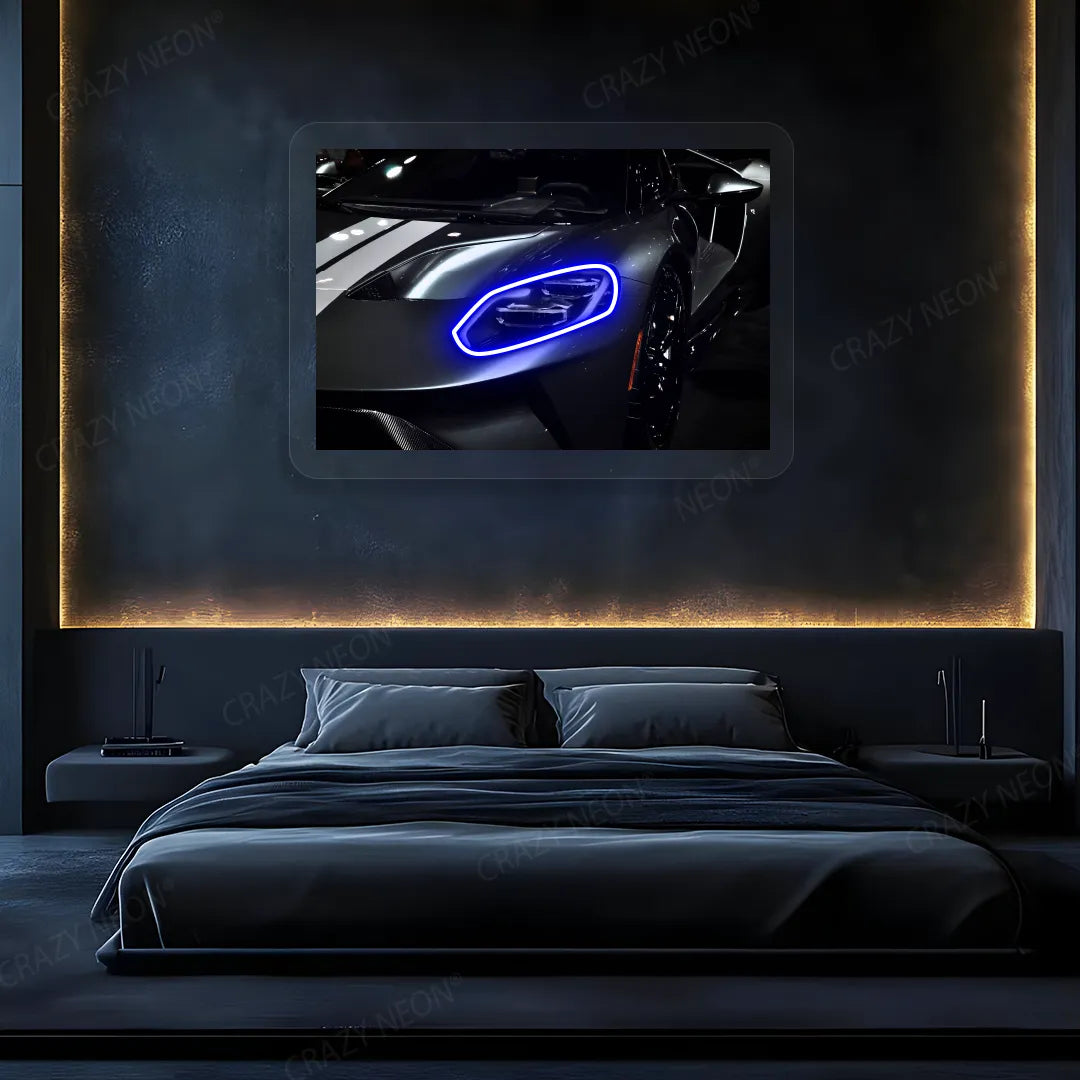 GT supercar Headlight Neon Artwork | Blue