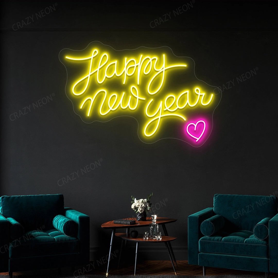 Happy New Year Heart Neon Sign | Yellow
