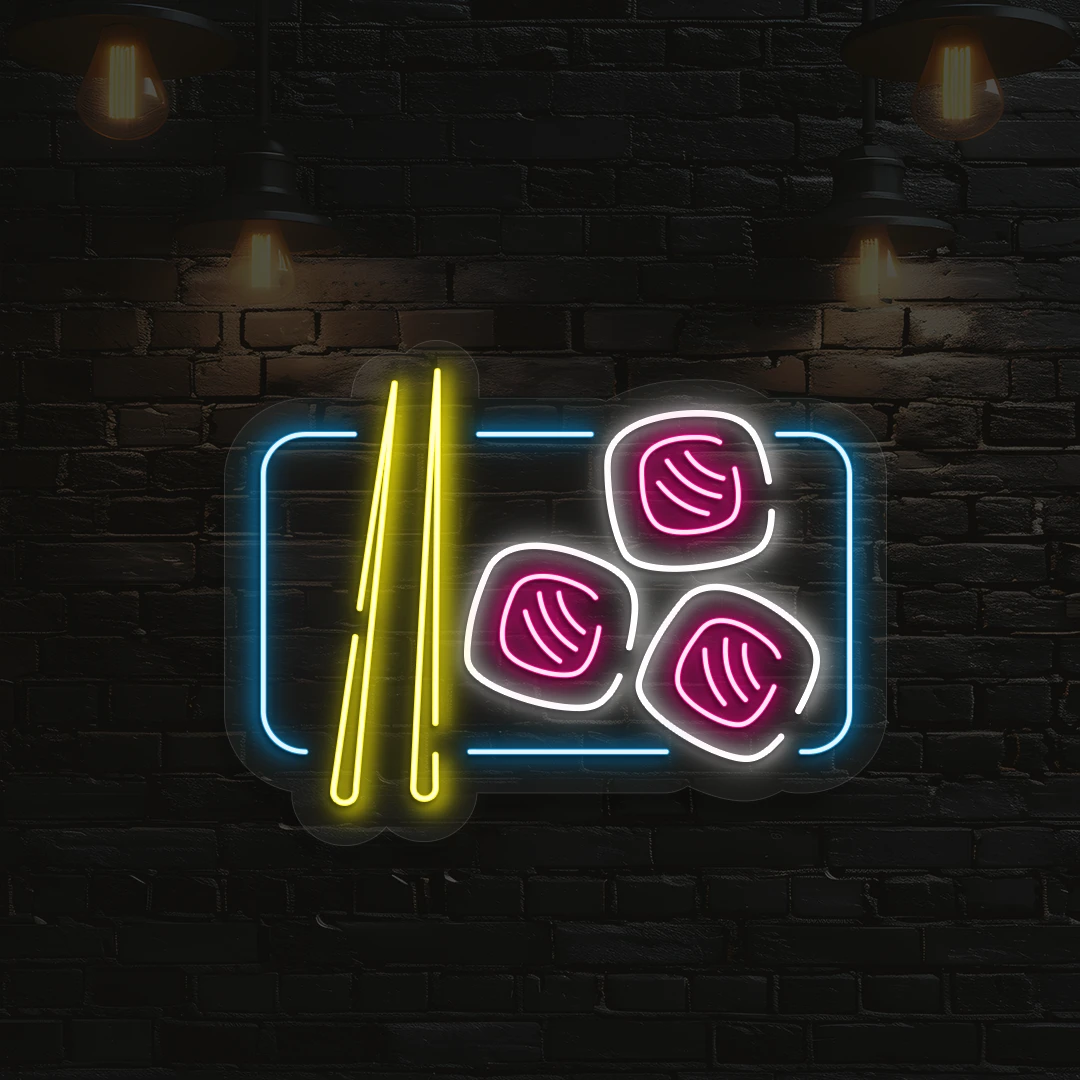 ice blue yellow pink and white sushi glow neon sign mounted on a wall