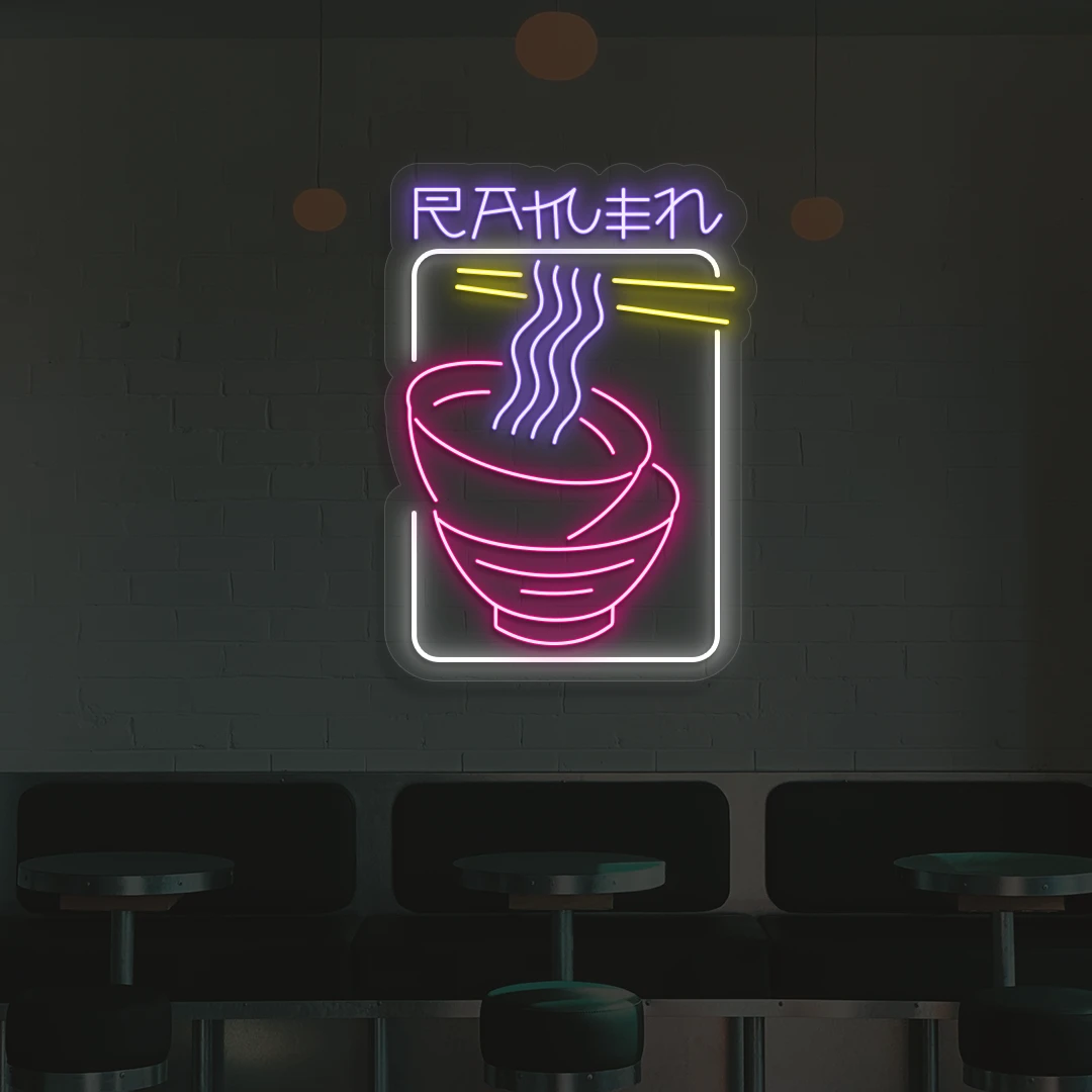 purple white yellow and pink ramen duo neon sign mounted on a wall