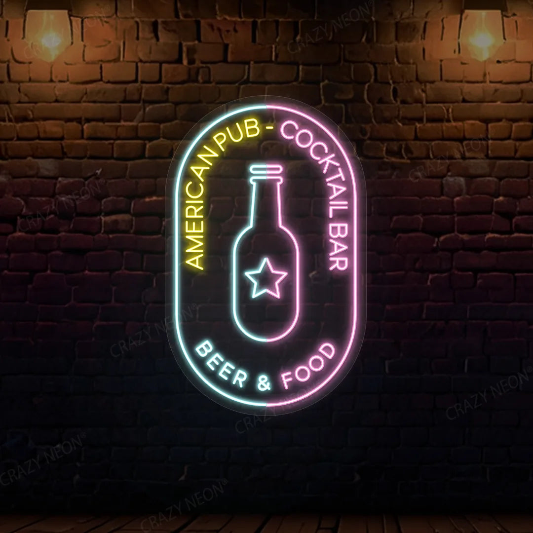 American Pub Cocktail Bar Beer & Food Neon Sign | Pink