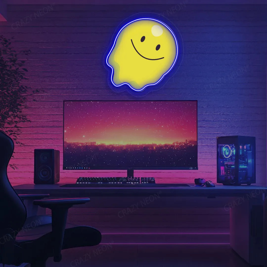 Melting Smiley Face Emoji Neon Artwork | Blue