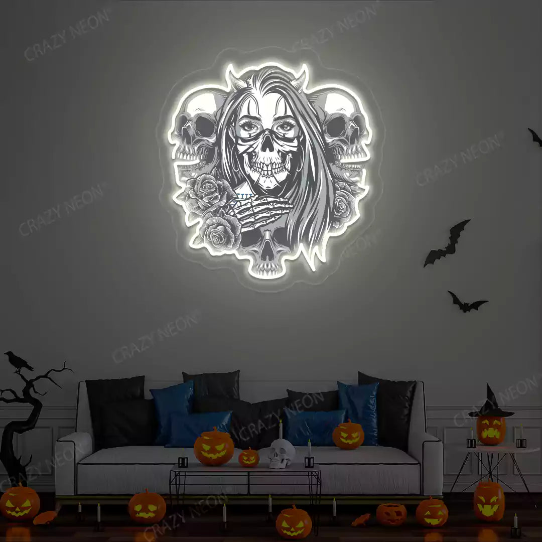 Gothic Skulls & Roses Neon Artwork | Warmwhite