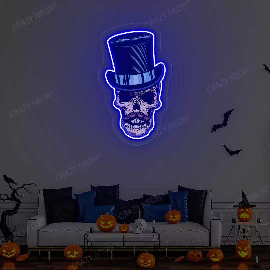 Top Hat Skull Neon Artwork | Blue