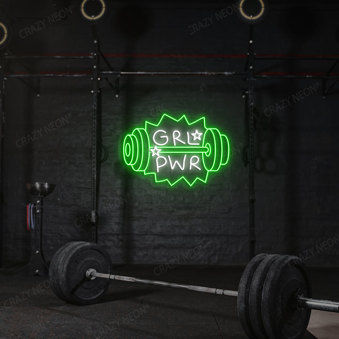 green and white grl pwr gym neon sign mounted on a wall