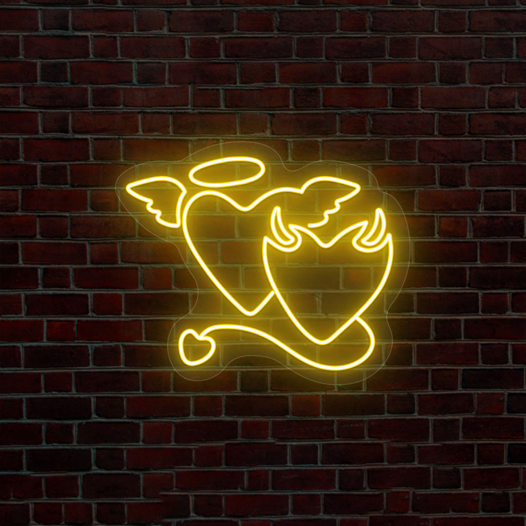 Angel And Devil Heart Neon Sign | Yellow
