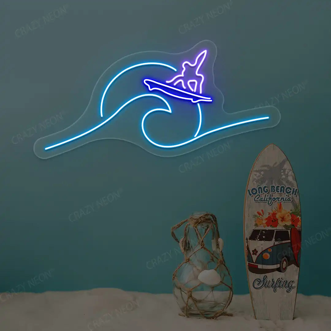 purple blue and ice blue surfer riding wave neon sign mounted on a wall