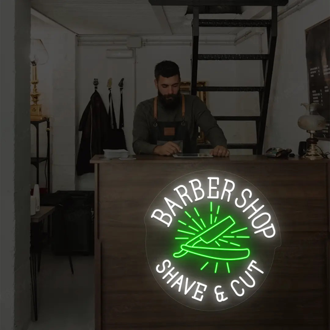 Barber Shop Shave & Cut Neon Sign in White and Green Colour mounted on wall
