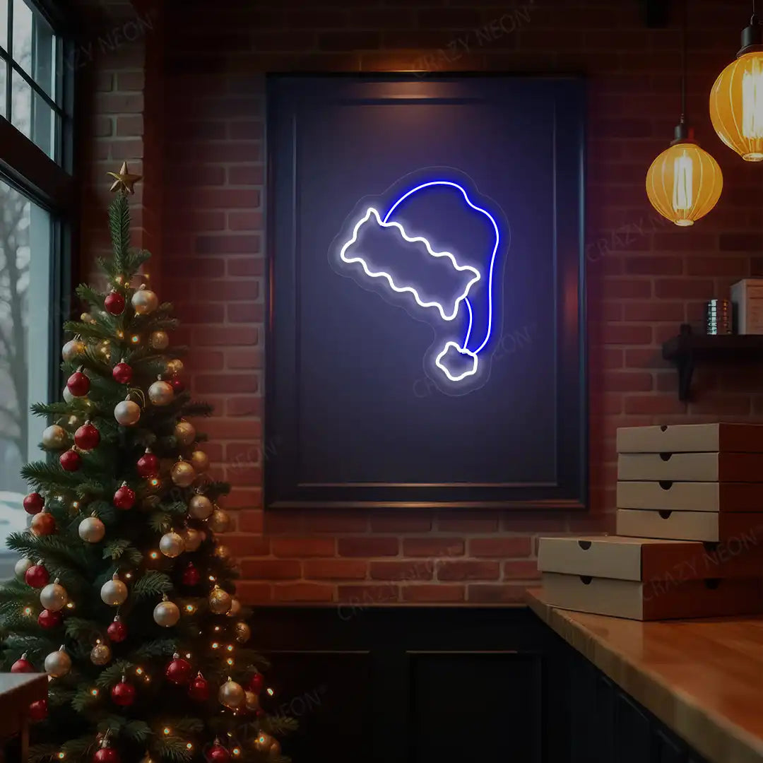 Furry Trim Santa Hat Neon Sign | Blue