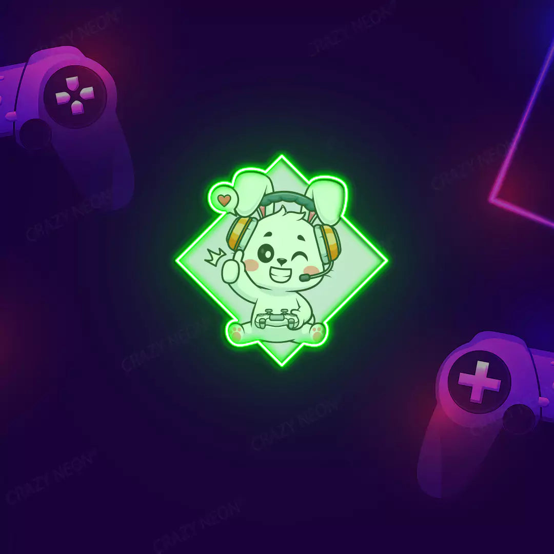 Cute Bunny Gamer Neon Artwork in Green Color.