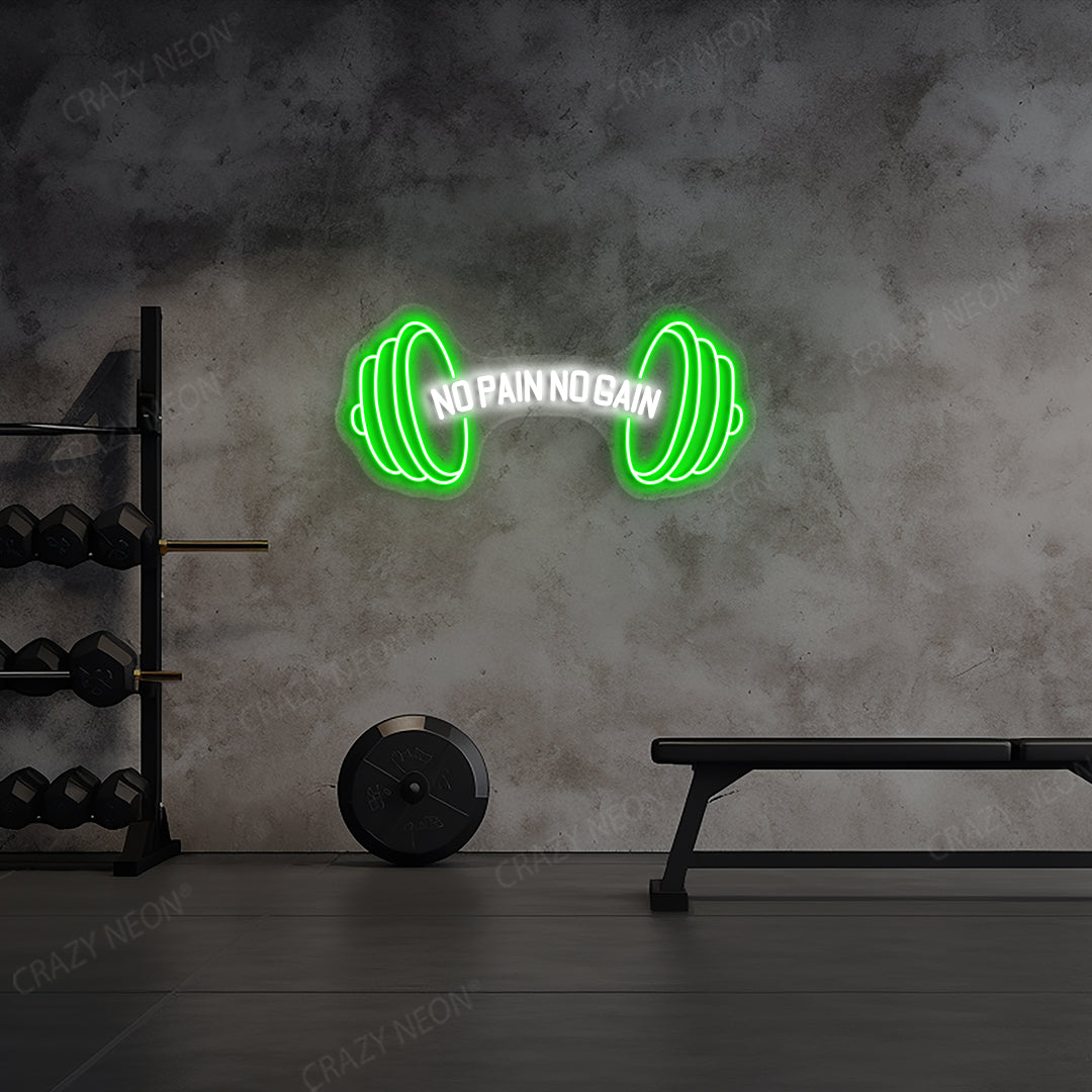 green and white no pain no gain gym neon sign mounted on a wall