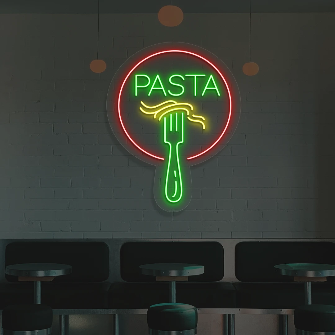green yellow and red fork and pasta neon sign mounted on a wall