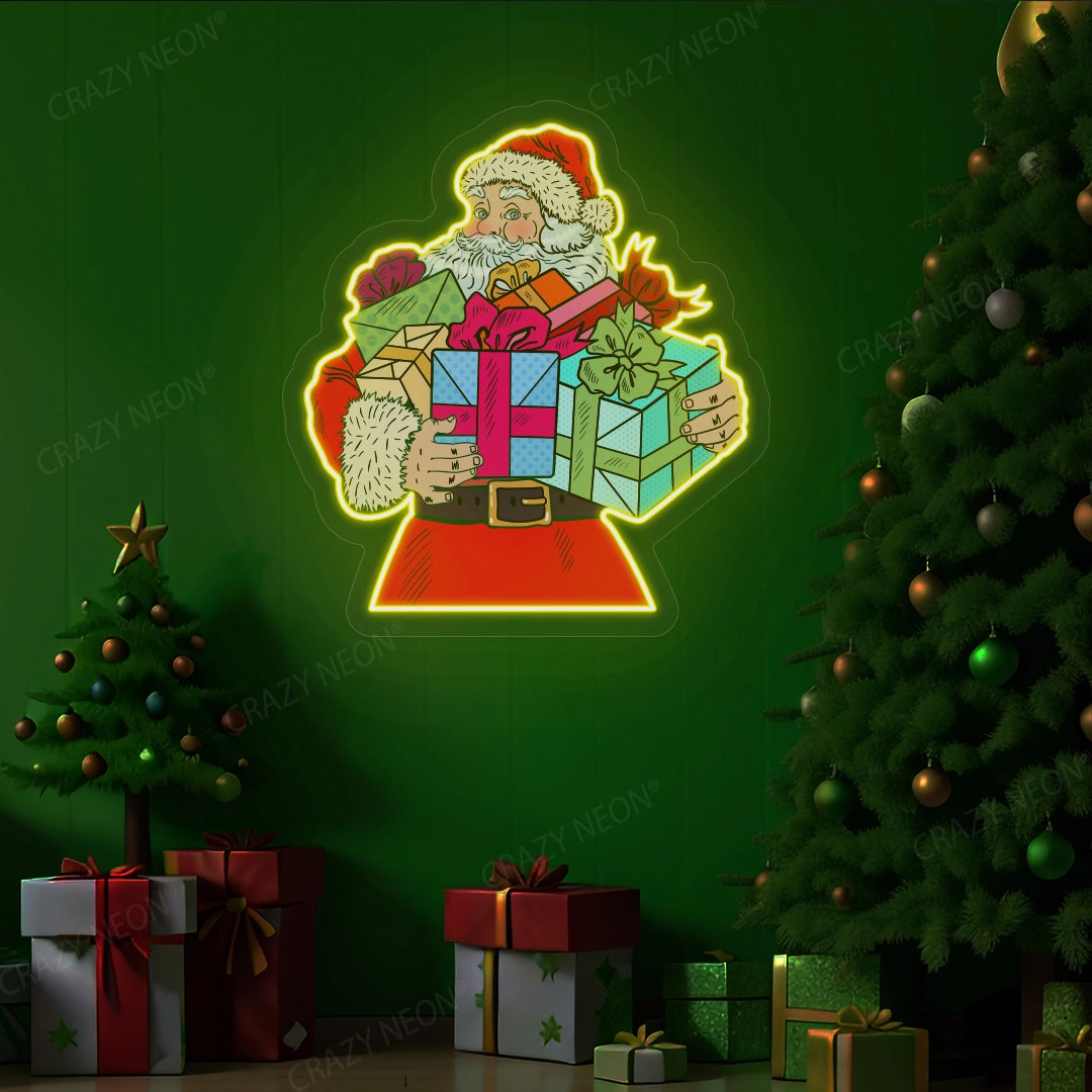 Santa Claus With Gift Neon Sign | Yellow