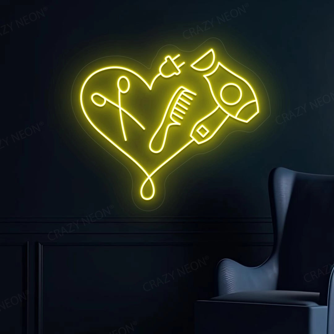 Hair Dryer Combs Clippers Heart Neon Sign | yellow