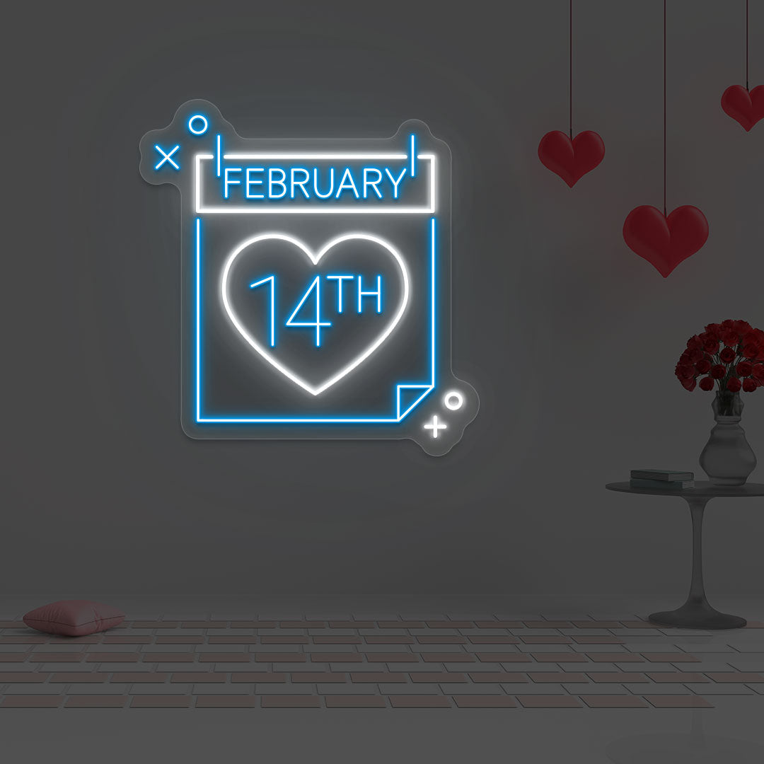 14 February Calendar Neon Sign | Ice Blue