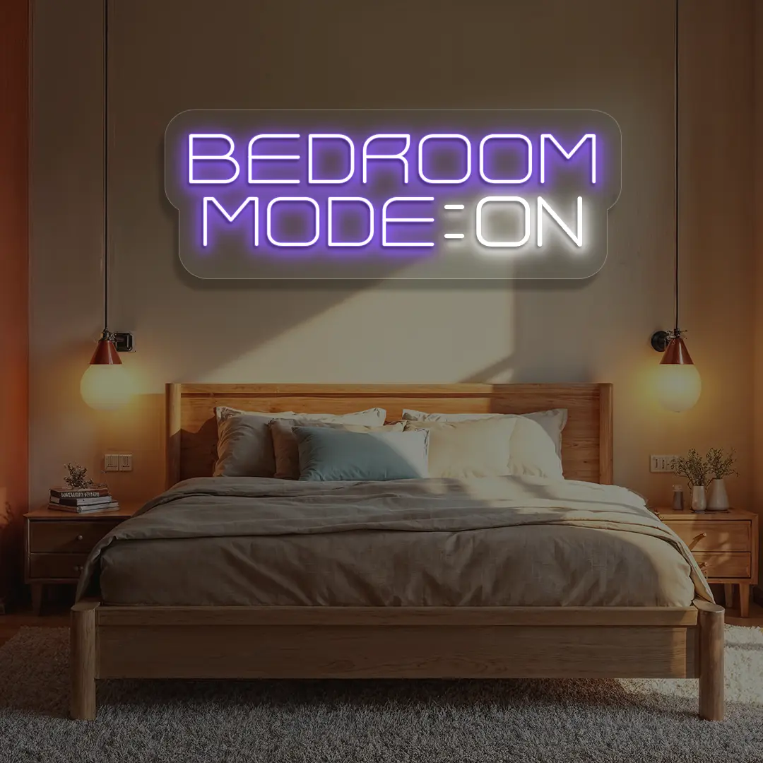 purple and white bedroom mode on neon sign mounted on a wall