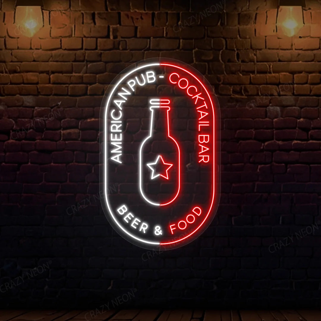American Pub Cocktail Bar Beer & Food Neon Sign | White