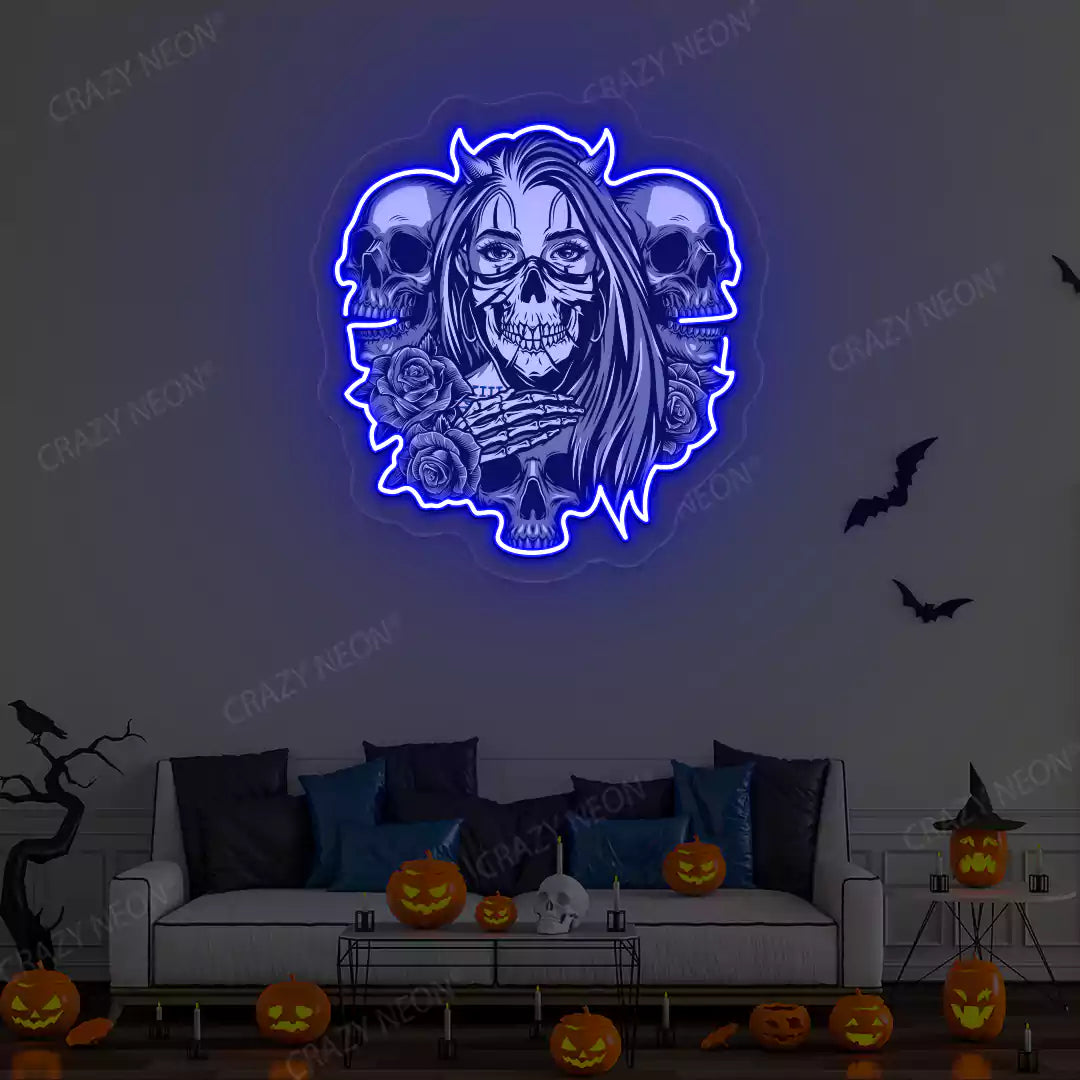 Gothic Skulls & Roses Neon Artwork | Blue