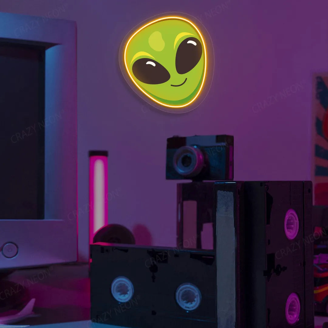 Alien Smiley Face Emoji Neon Artwork | Orange