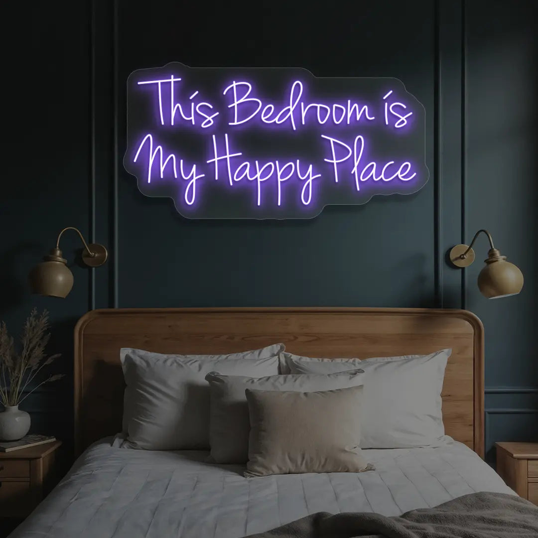 purple this bedroom is my happy place neon sign mounted on a wall