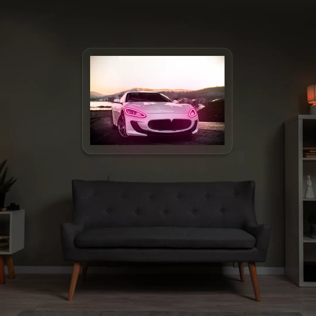 White Supercar Headlight Neon Artwork | Pink